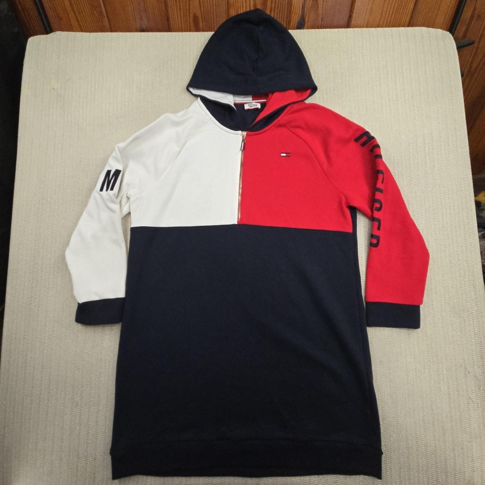 Tommy Hilfiger Denim Sweater‎ Dress Womens Medium Colorblock Hoodie Long Sleeve - Picture 2 of 11